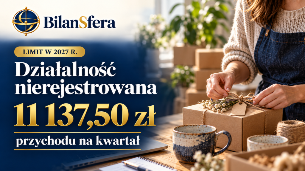 Osoba pakująca rękodzieło, logo Bilansfera i informacja o limicie działalności nierejestrowanej w 2027 r.: 11 137,50 zł przychodu na kwartał.