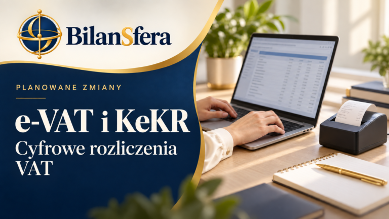 Grafika Bilansfera o planowanym e-VAT: wstępny JPK przygotuje KAS, a podatnik sprawdzi go i zatwierdzi; w tle osoba korzystająca z tabletu.