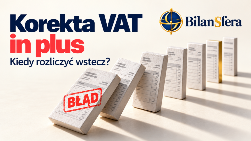 Faktury ustawione jak przewracające się domino, pierwsza ze stemplem „BŁĄD”; grafika Bilansfera o korekcie VAT in plus.