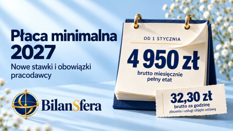 Kalendarz z płacą minimalną 2027: 4950 zł brutto miesięcznie i 32,30 zł brutto za godzinę, z logo Bilansfera.