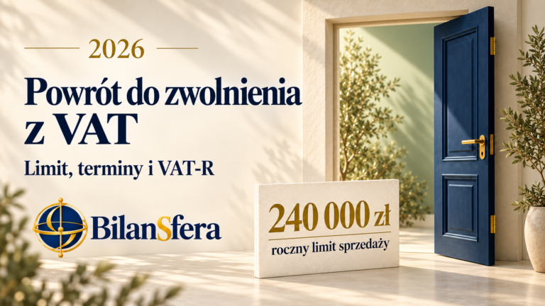 Otwarte granatowe drzwi, informacja o powrocie do zwolnienia z VAT w 2026 r. i limicie 240 000 zł oraz logo Bilansfera.