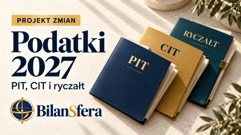 Teczki PIT, CIT i RYCZAŁT oraz logo Bilansfera na grafice o projekcie zmian podatkowych na 2027 rok.