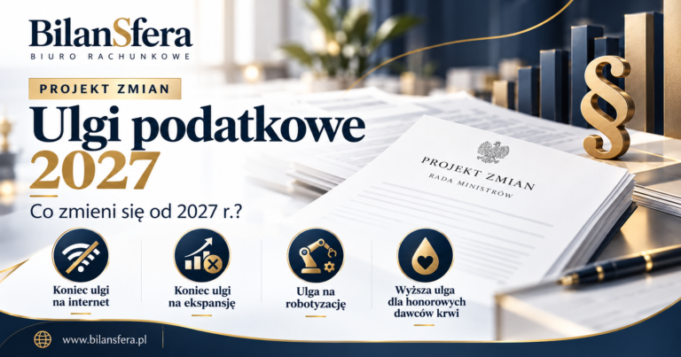 Grafika Bilansfery przedstawiająca projekt zmian od 2027 roku w ulgach na internet, ekspansję, robotyzację i krwiodawstwo.